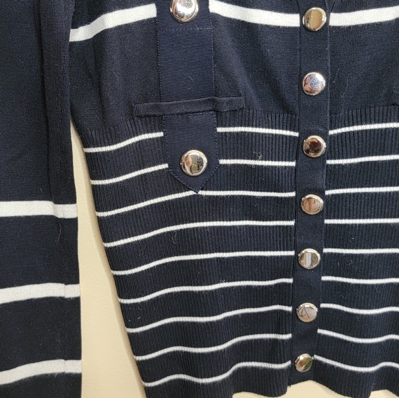 Carlisle | Black & White Striped Silk Blend Snap Front Cardigan Sweater - Picture 5 of 5